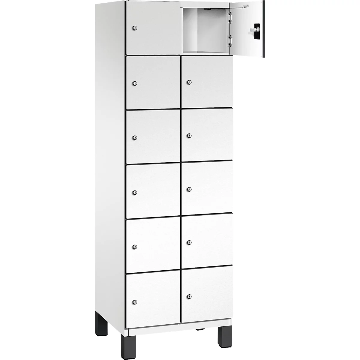 Weißer Schrank mit zehn Türen, eine Tür offen. Schwarze Rahmen und schwarze Beine.