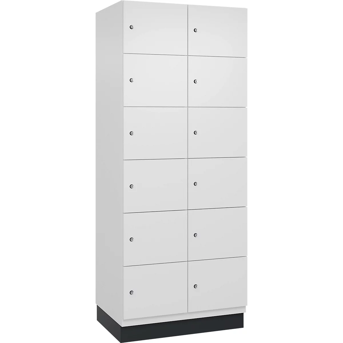 Weißer Schrank mit zehn Fächern, kleinen Knöpfen und einer dunklen Basis.