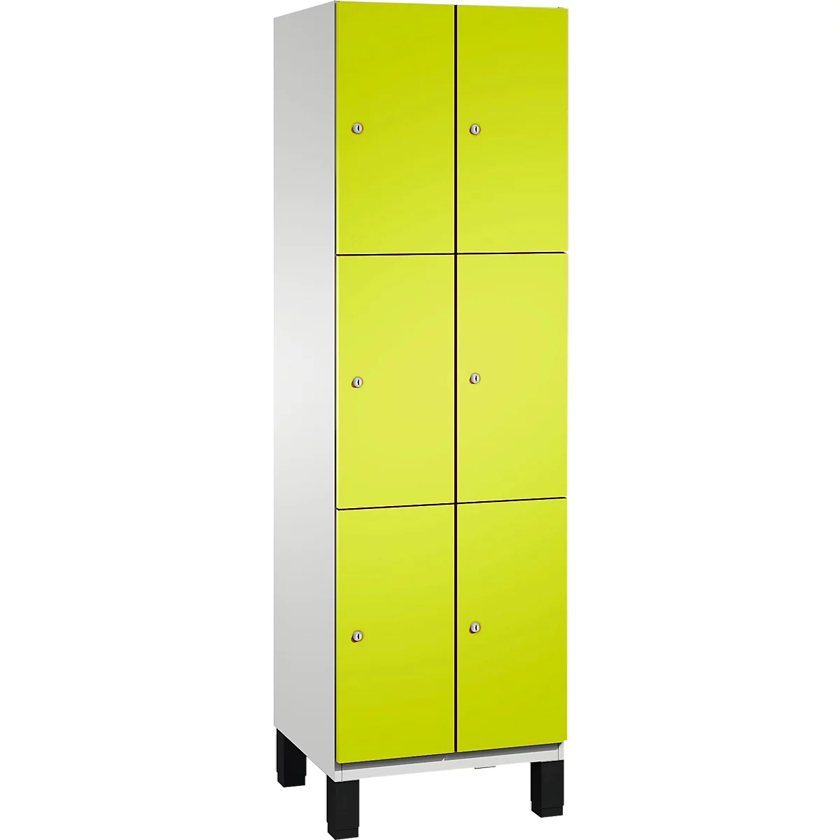 Hoher Schrank mit sechs neongelben Türen, silbernen Knöpfen und schwarzem Sockel. Die Seiten sind weiss.