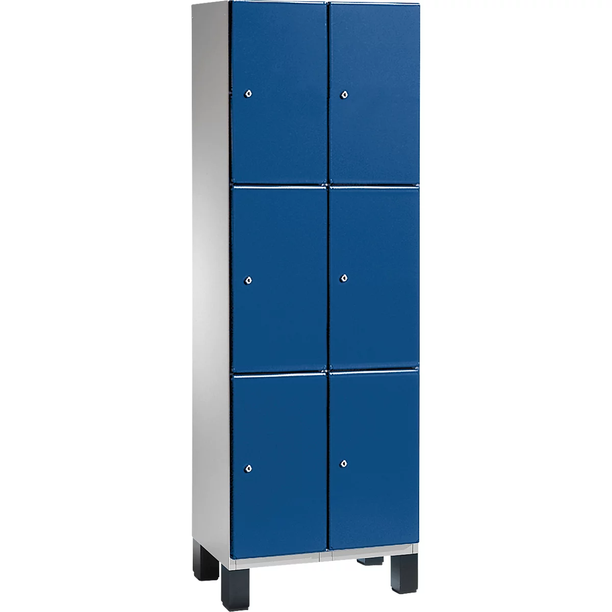 Schrank mit sechs blauen Türen, metallfarbenen Seiten und einem silbernen Rahmen.