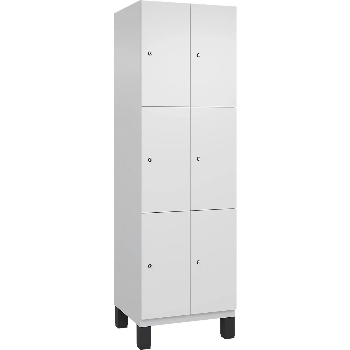Weisser Schrank mit sechs Türen. Jede Tür hat einen kleinen runden Knopf. Der Schrank steht auf schwarzen Füssen.