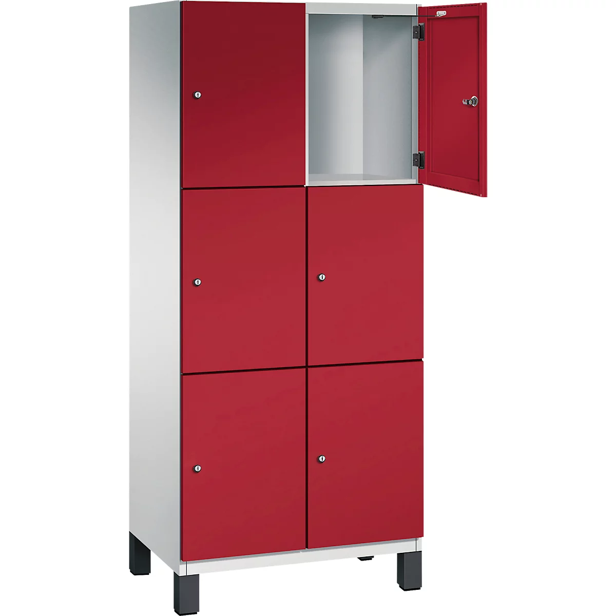 Ein roter Schrank mit sechs Fächern, ein Fach ist offen.