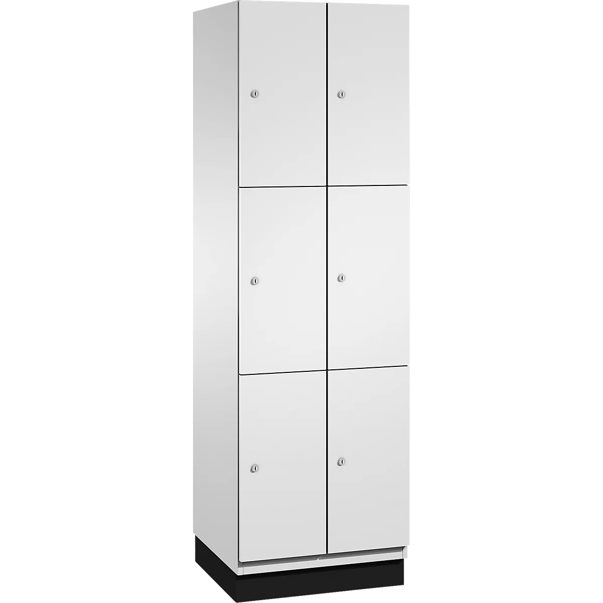 Weisser Schrank mit sechs Türen. Graue Türrahmen, runde Metallgriffe, schwarzer Sockel.