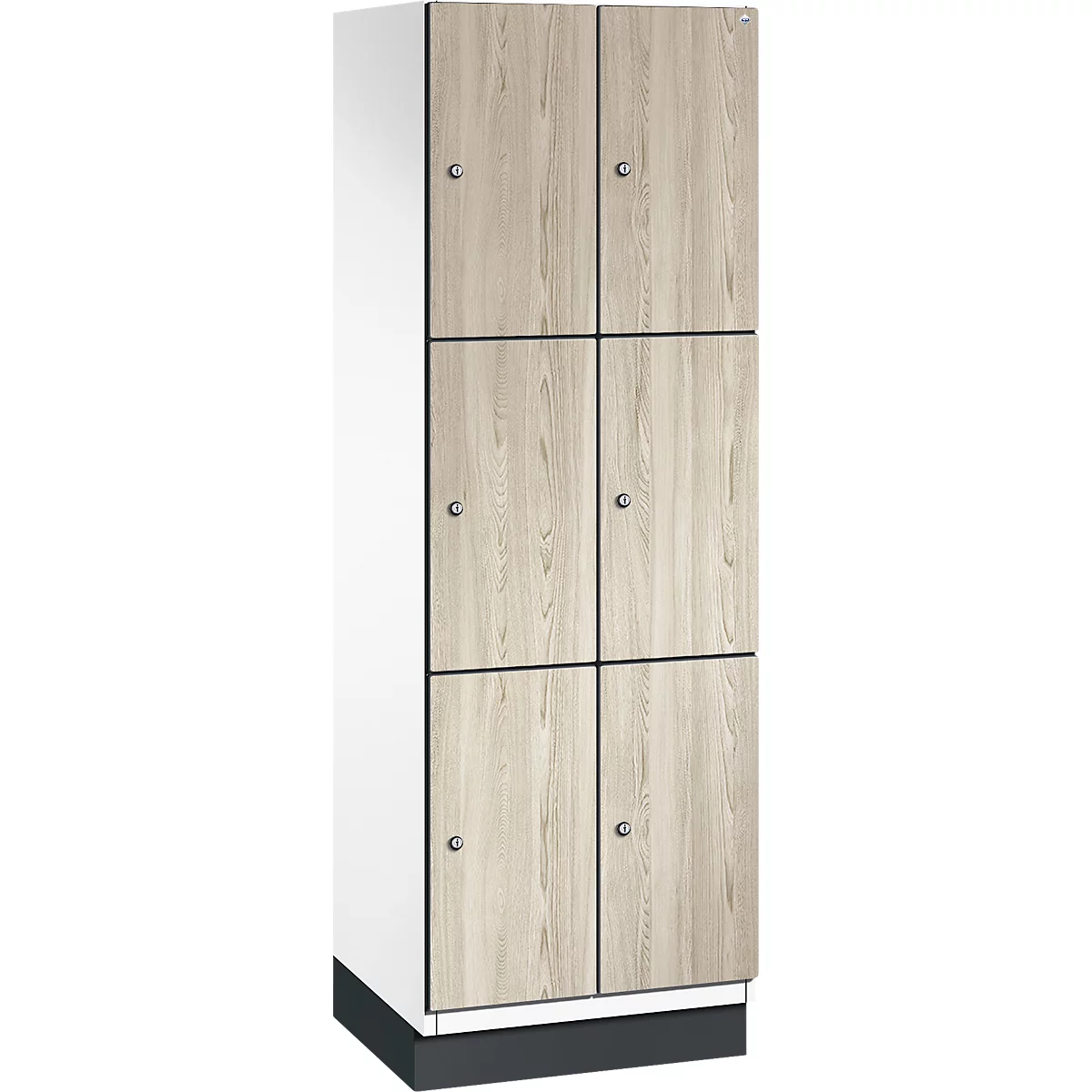 Schrank mit sechs Türen aus Holzoptik, silberfarbene Knöpfe.