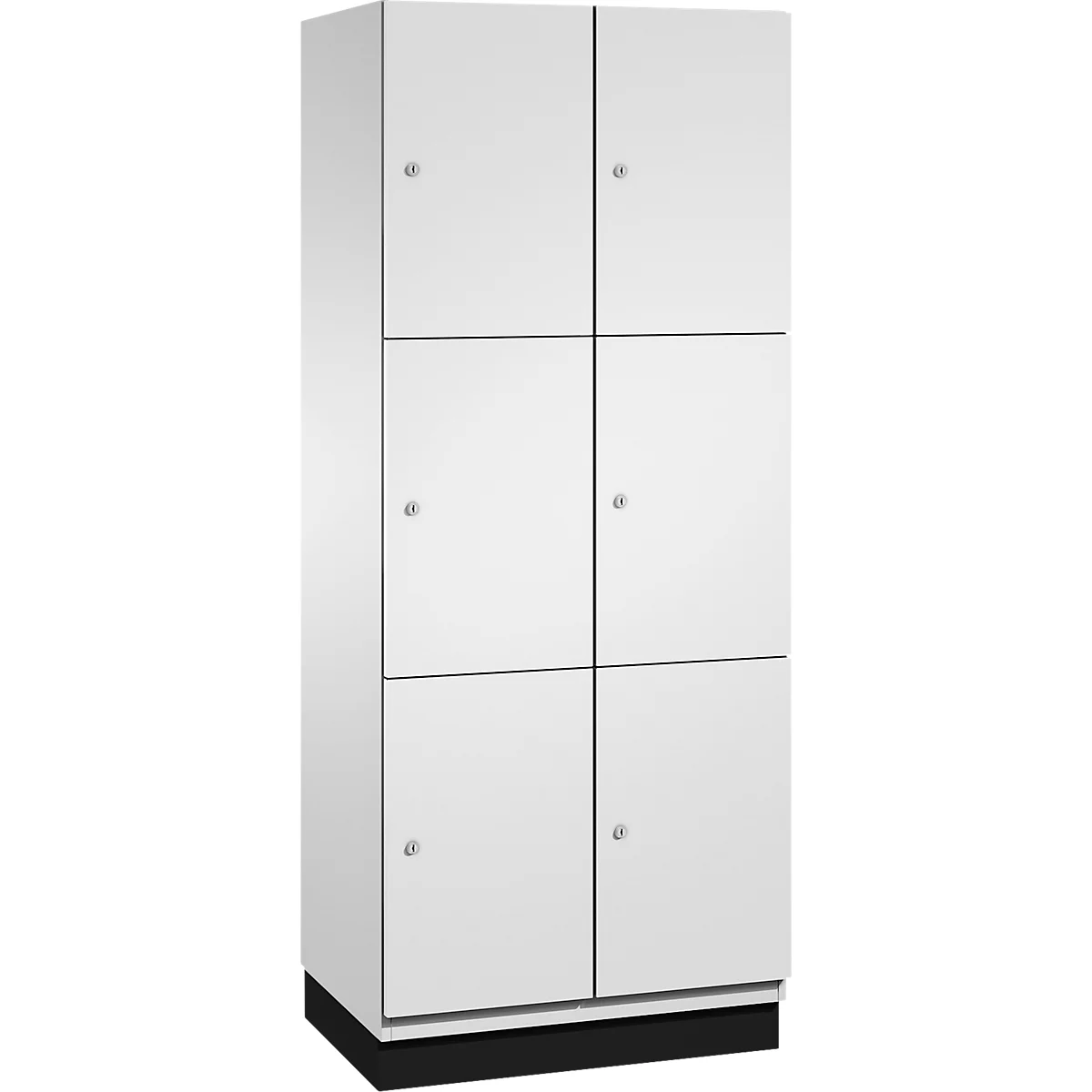 Weißer Schrank mit sechs Türen und silbernen Knöpfen, steht auf einem schwarzen Sockel.