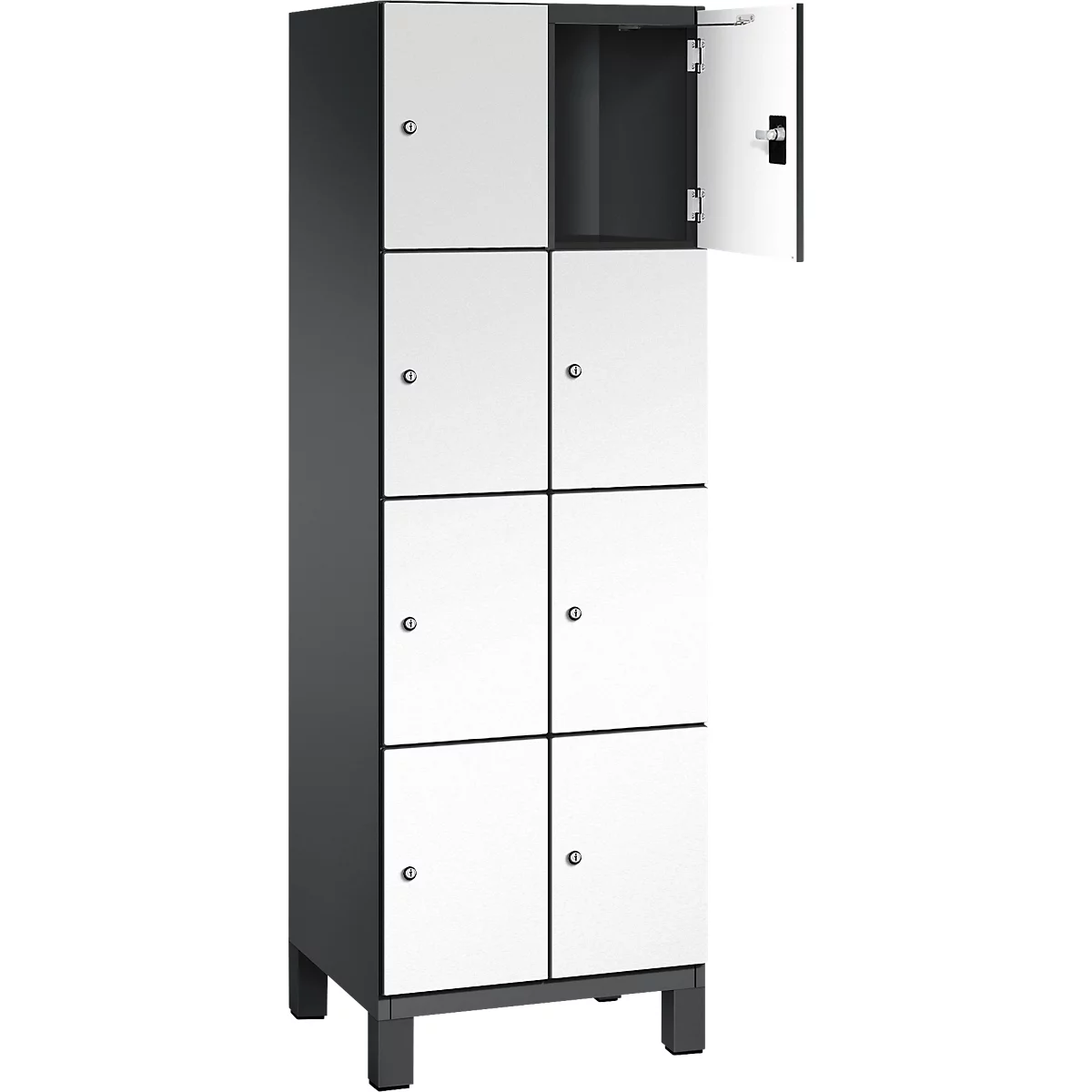 Achtfach-Spind in Weiß und Grau, eine Tür geöffnet.