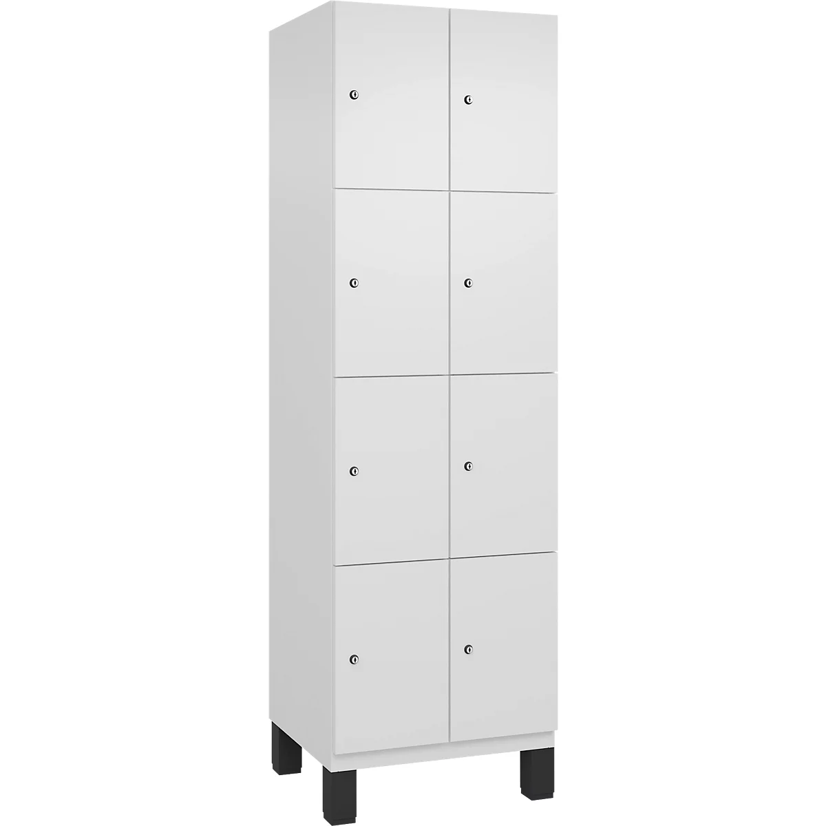 Weißer Schrank mit acht Fächern, schwarzen Füßen und silbernen Griffen.