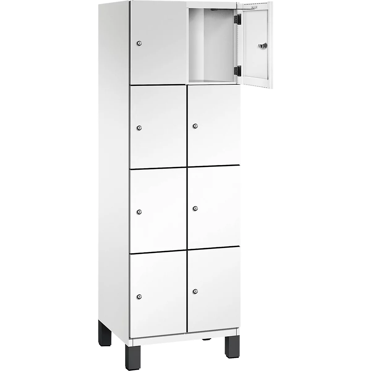 Weißer Spind mit acht Fächern, ein Fach geöffnet.