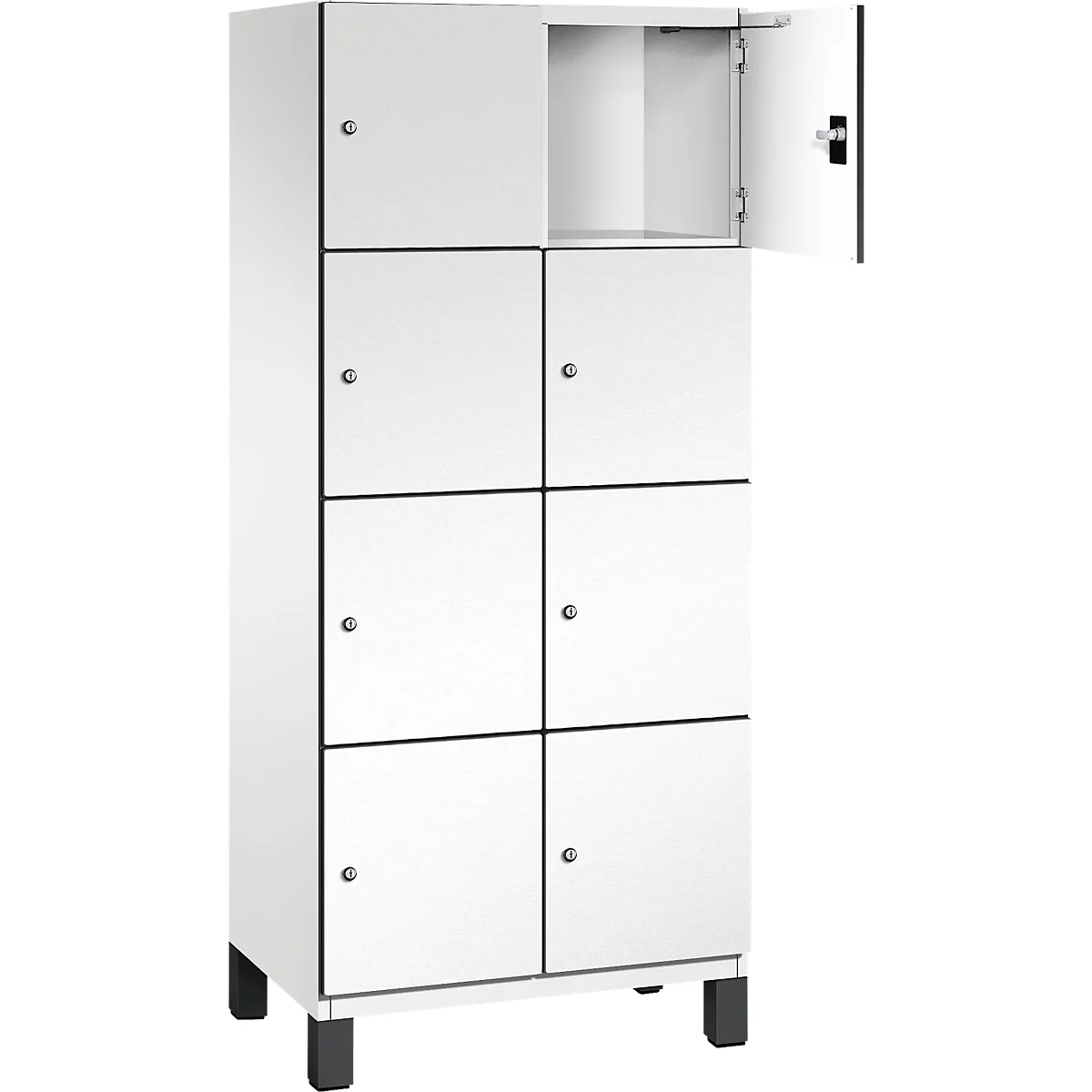 Weißer Spind mit acht Fächern, eine Tür offen. Schwarze Füße.