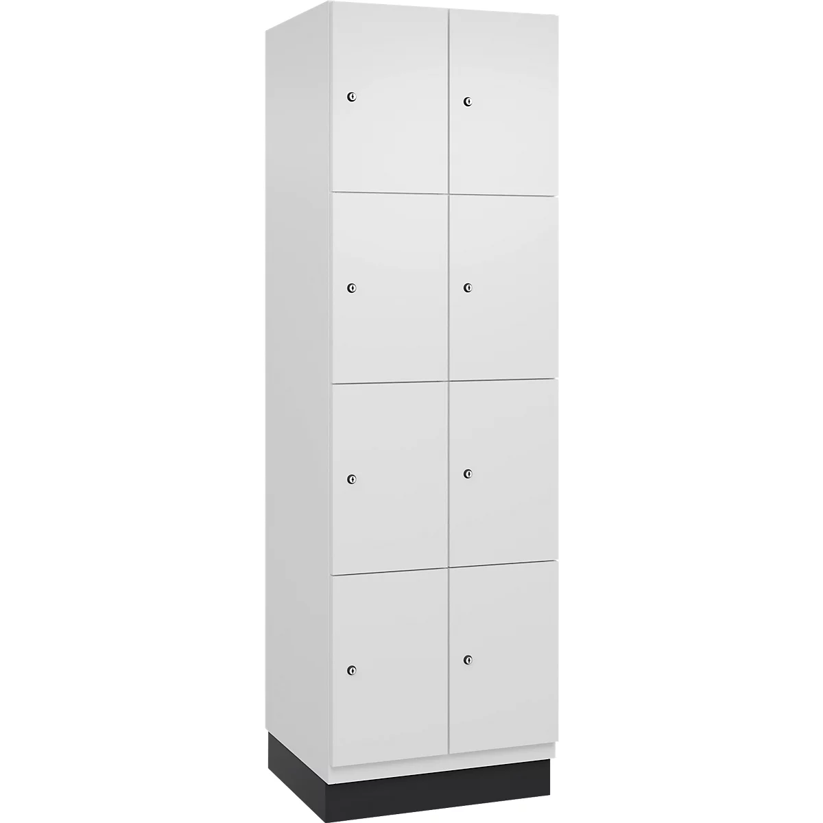 Ein weißer Schrank mit acht Türen und silbernen Knöpfen, auf einem schwarzen Sockel.