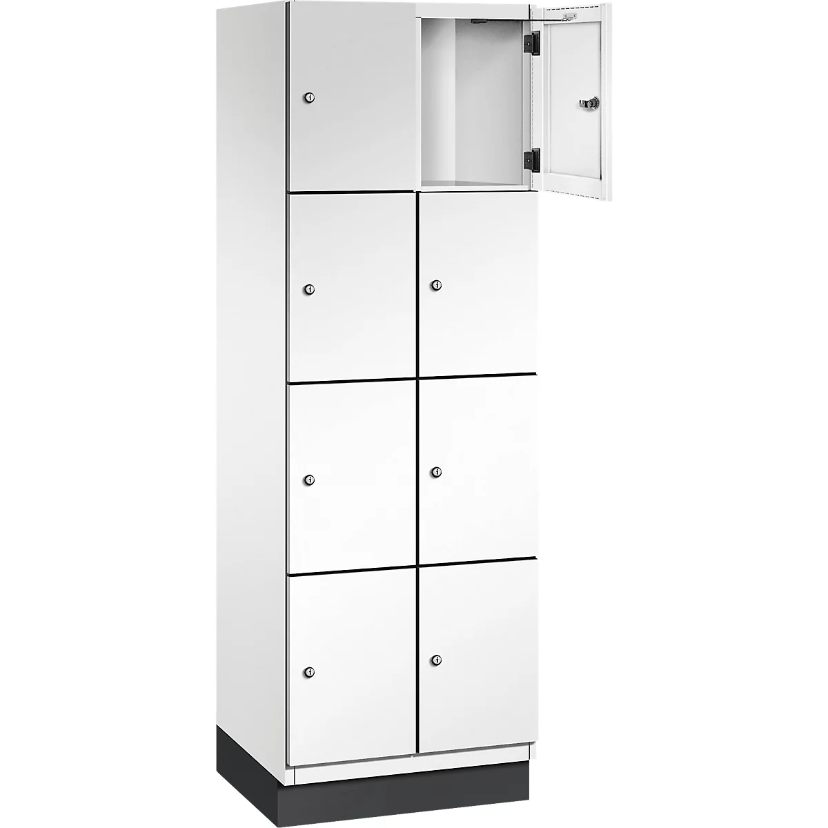 Weißer Schrank mit mehreren Fächern. Ein Fach ist geöffnet. Schwarzer Sockel. Kleine Knöpfe.