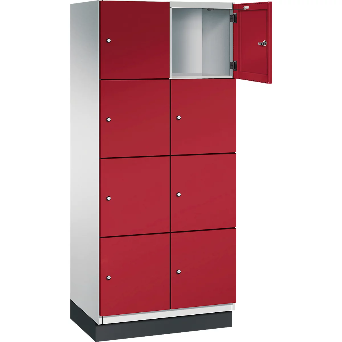 Schrank mit acht roten Türen, eine davon offen. Die restliche Struktur ist weiß.