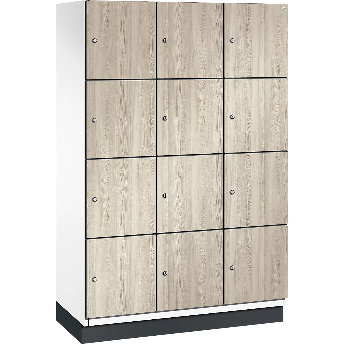Ein Schrank mit 12 Türen. Holzoptik mit Metallgriffen. Schwarzer Sockel.