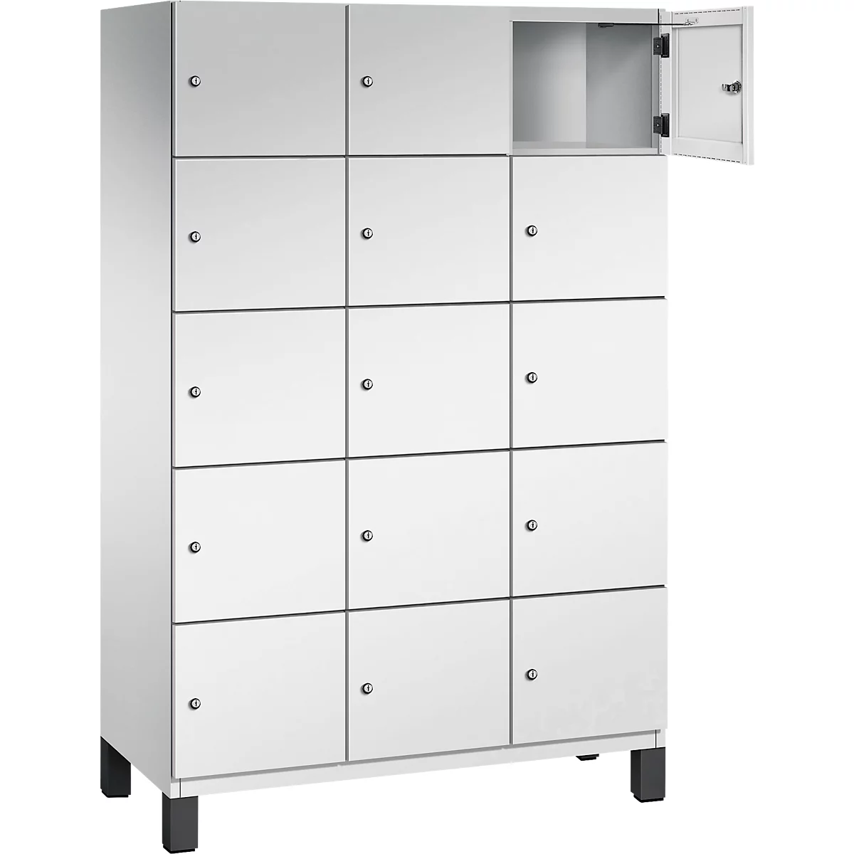 Weißer Schrank mit 12 Fächern, ein Fach geöffnet.