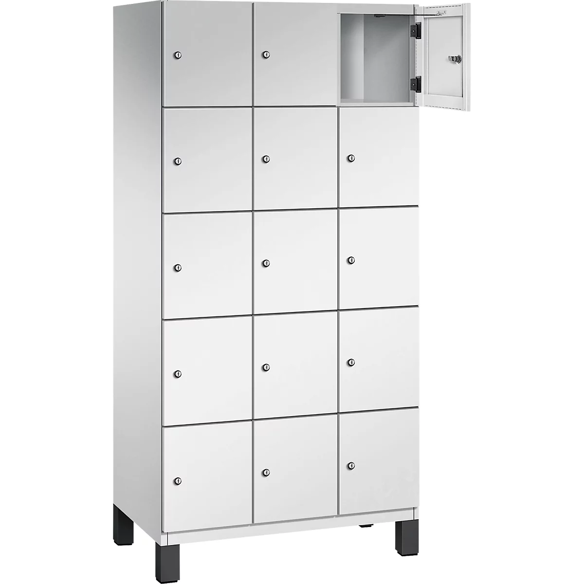 Weißer Schrank mit 12 Türen, eine geöffnet.