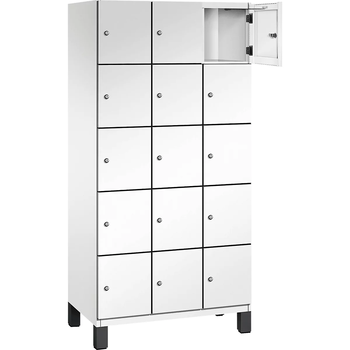 Weißer Schrank mit 12 Fächern; eine Tür ist geöffnet. Schwarze Griffe und Rahmen betonen die quadratischen Türen.