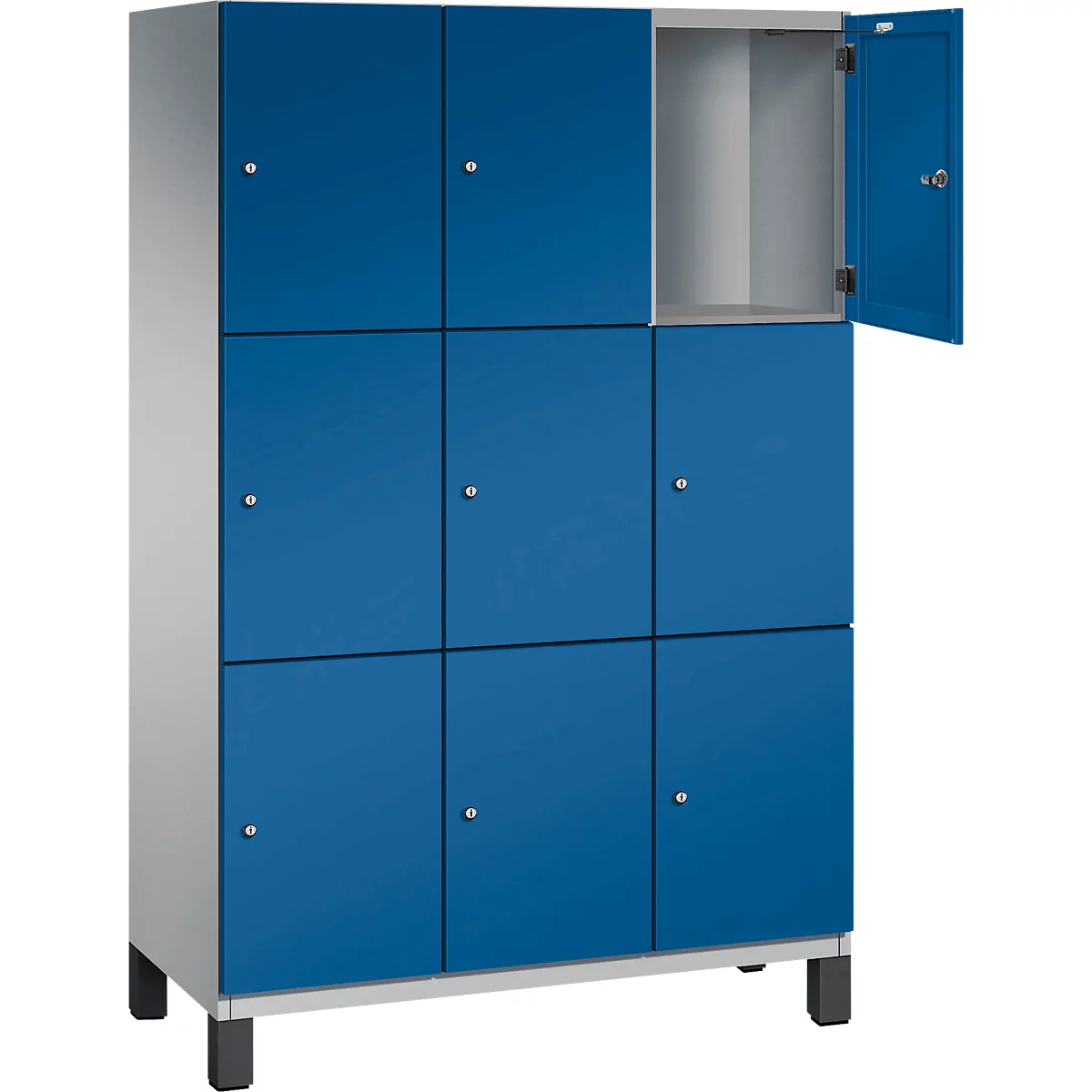 C+P Schließfachschrank Cambio, 3 Abteile, 9 Fächer, auf Füßen, B 1200 x T 525 x H 1980 mm, weißaluminium/enzianblau