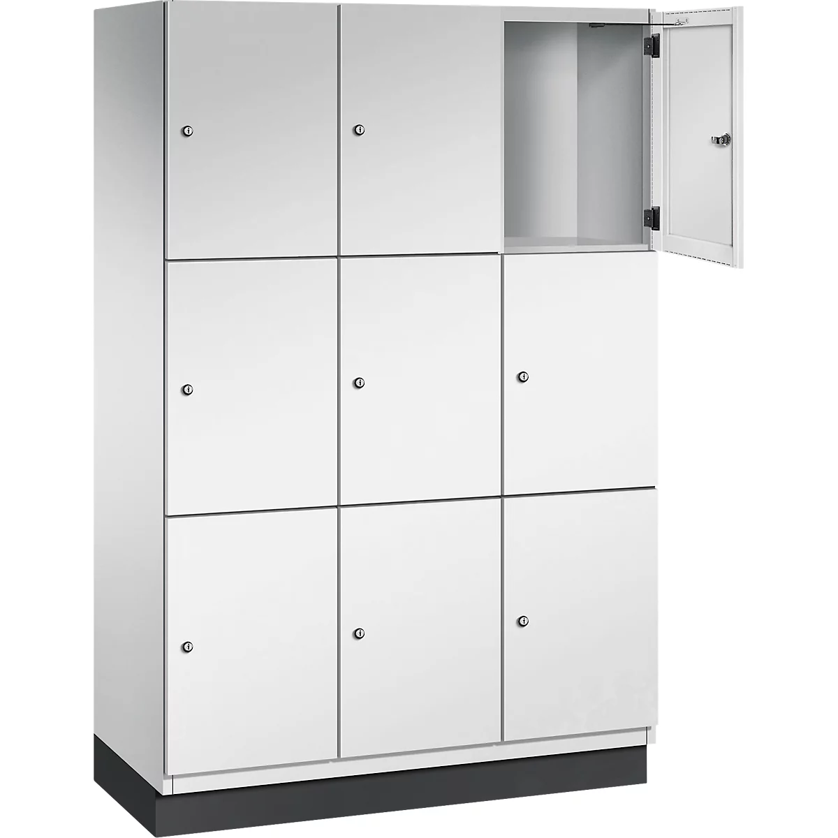 C+P Schließfachschrank Cambio, 3 Abteile, 9 Fächer, mit Sockel, B 1200 x T 525 x H 1980 mm, lichtgrau