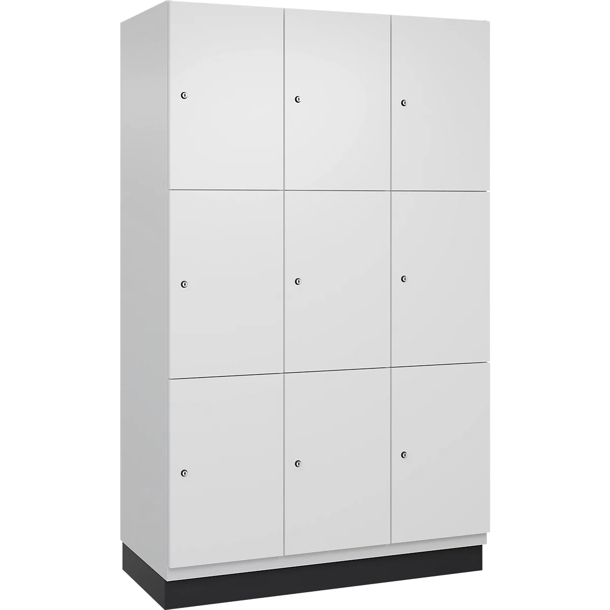 C+P Schließfachschrank Cambio, 3 Abteile, 9 Fächer, mit Sockel, B 1200 x T 525 x H 1980 mm, verkehrsweiß