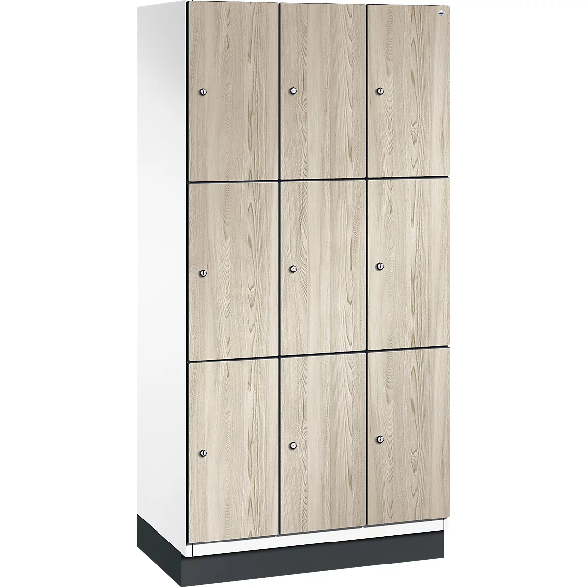 Schrank mit neun Fächern aus Holzoptik. Graue Türrahmen und kleine silberne Knöpfe.