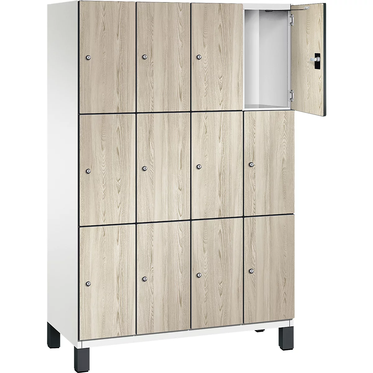 Schrank mit 12 Fächern, Holzoptik, eine Tür geöffnet.