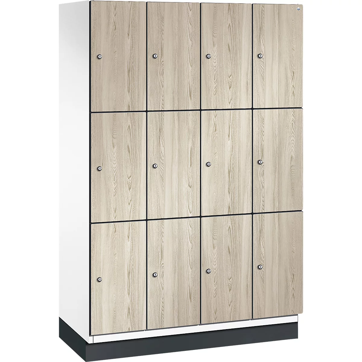Schrankwand mit 12 Türen in Holzoptik, Türrahmen schwarz, Türgriffe metallisch.