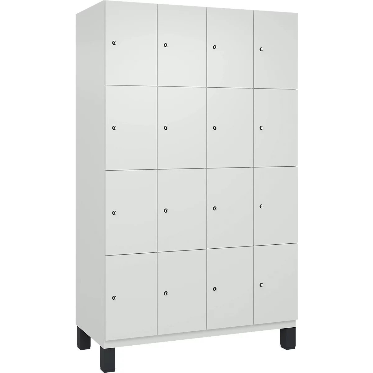 Weißer Schrank mit 16 Türen, jede mit einem Knauf, steht auf schwarzen Beinen.