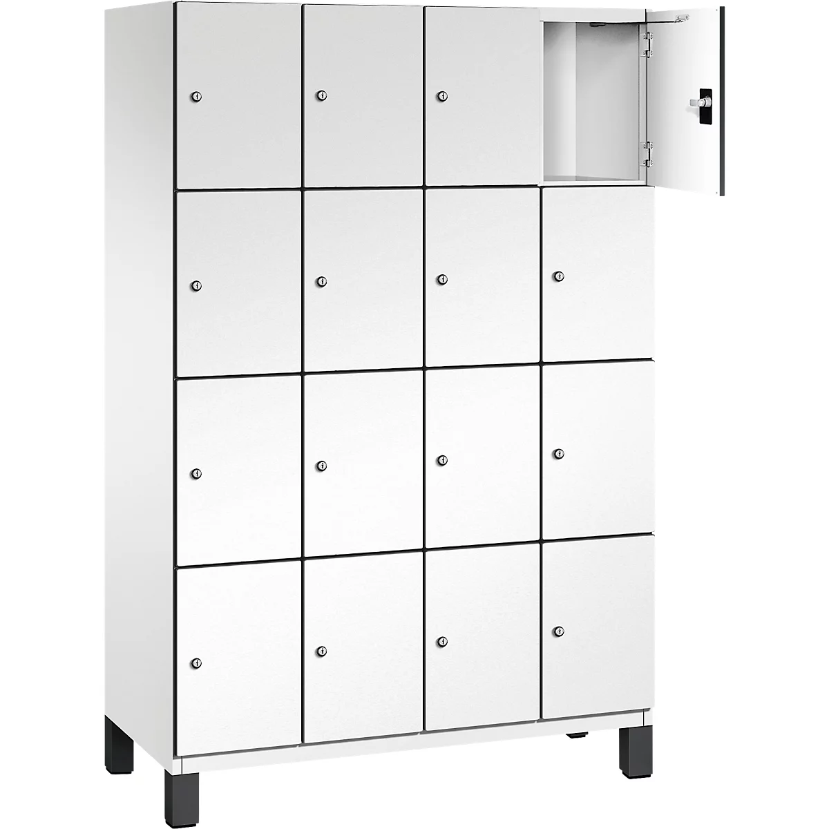 Weißer Schrank mit 16 Türen, eine geöffnet.