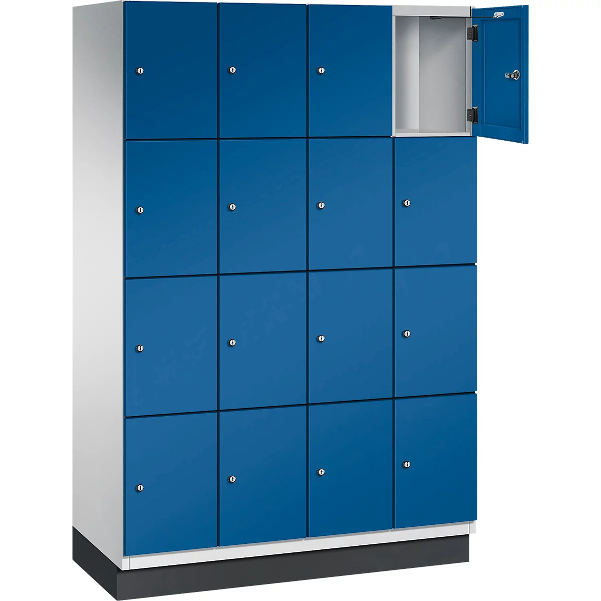 Blaues Schließfach mit teilweise geöffneter Tür. Graue Griffe.