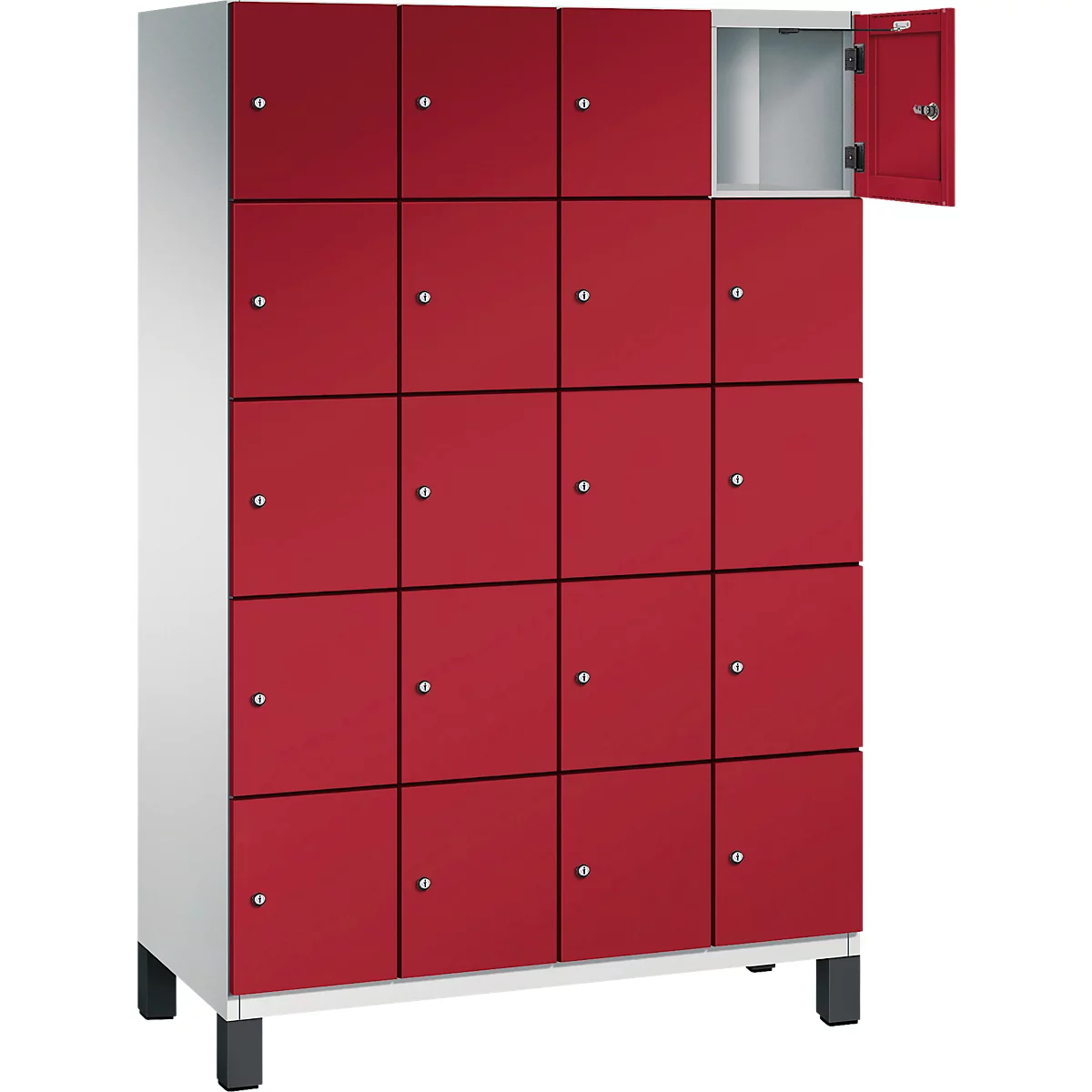 Roter Schrank mit 16 Fächern, ein Fach ist geöffnet.