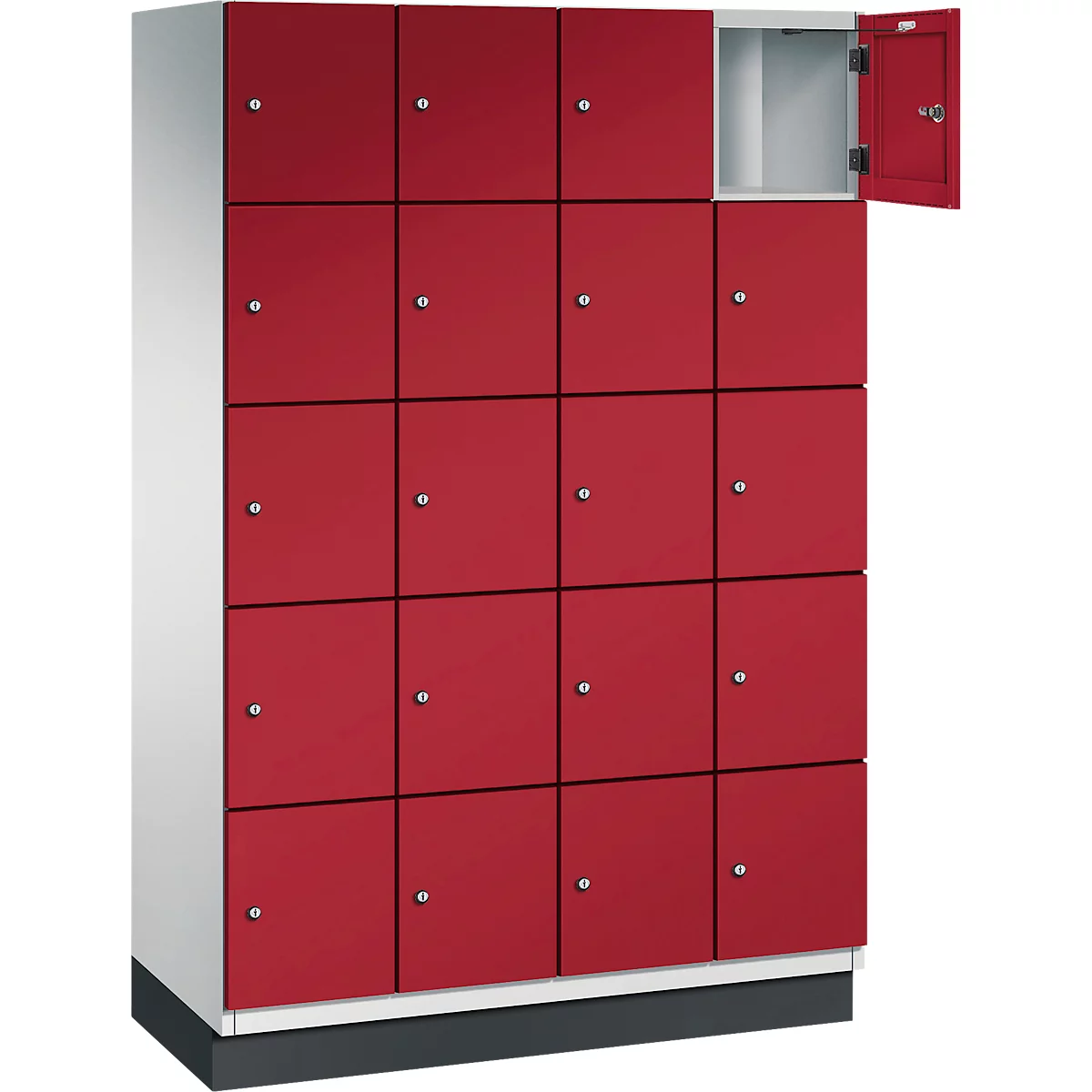 Roter Schrank mit mehreren Türen. Eine Tür geöffnet.