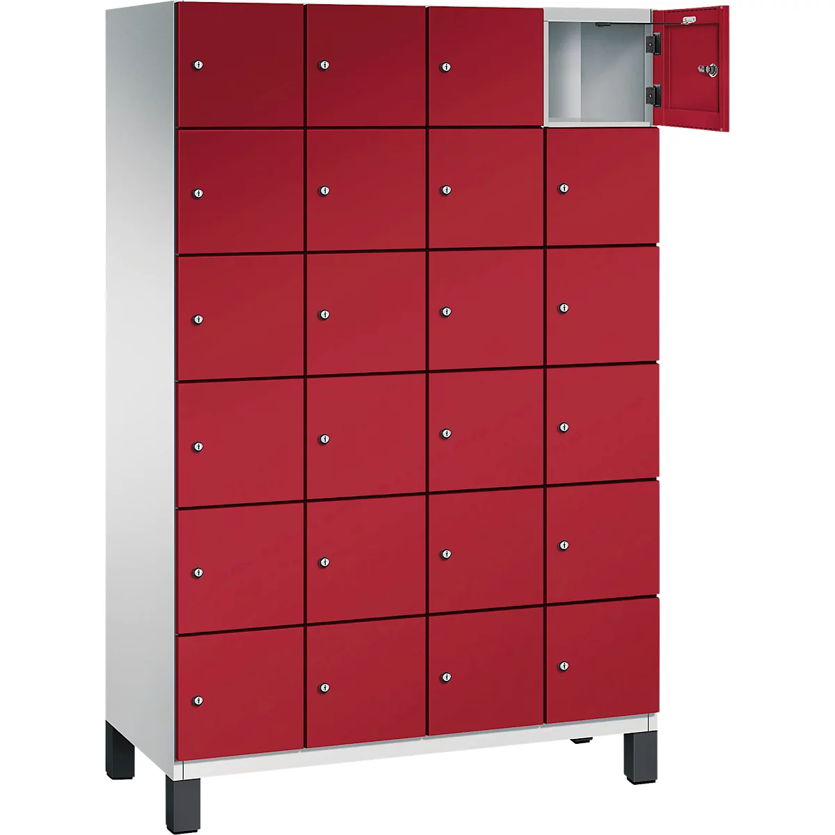 Roter Schrank mit mehreren Fächern, ein Fach ist geöffnet.