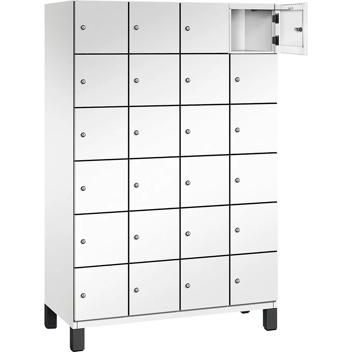 Weißer Schrank mit 20 Fächern, einige Türen offen. Schwarze Umrandungen und silberne Griffe.