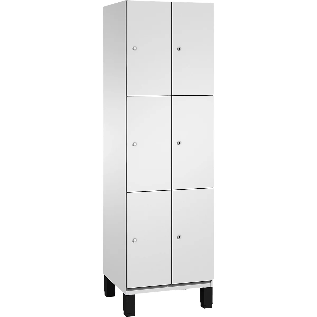 Weißer Spind mit sechs Fächern und schwarzen Füßen.