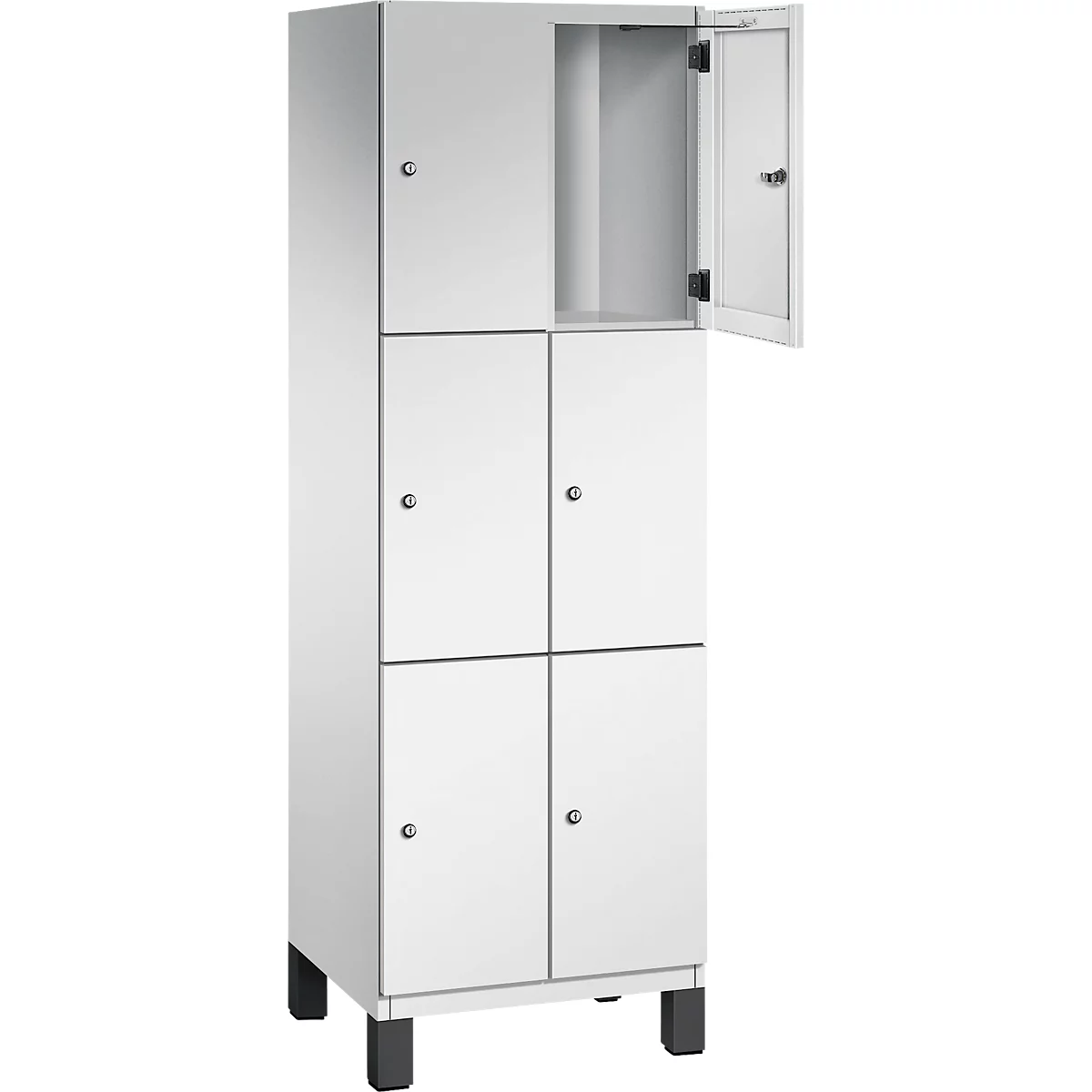 Ein weißer Schrank mit sechs Fächern, eines davon geöffnet. Der Schrank steht auf schwarzen Füßen.