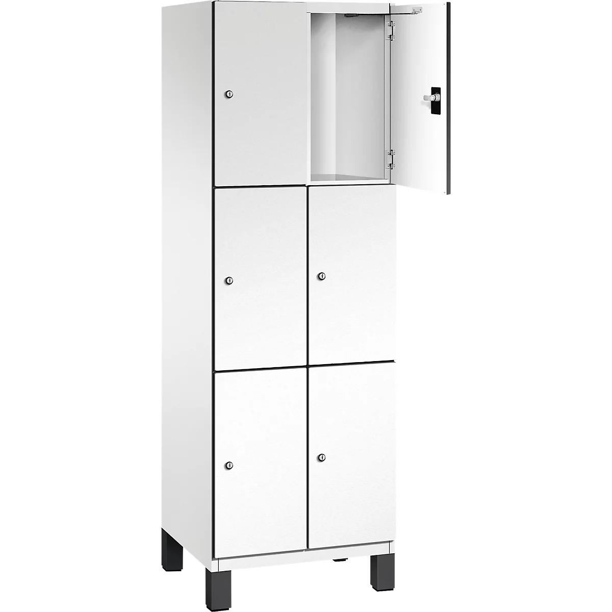 Weißer Schrank mit sechs Türen. Eine Tür ist geöffnet, um den Innenraum zu zeigen. Schwarze Füße.