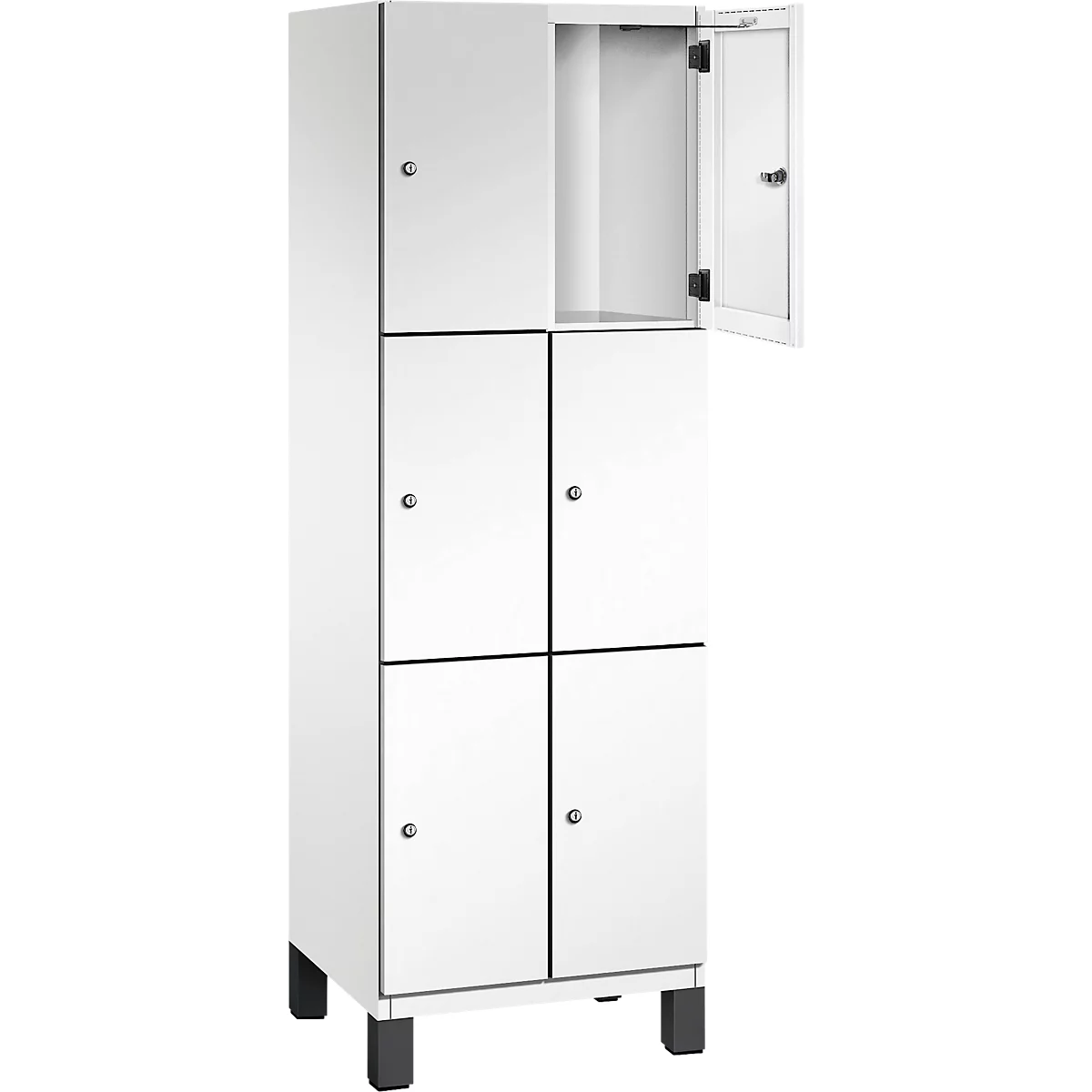 Weißer Spind mit sechs Türen, eine davon geöffnet. Schwarze Füße.