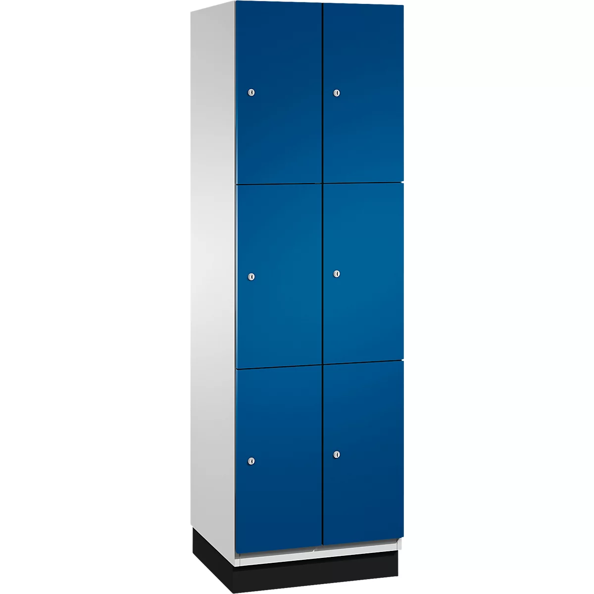 Schrank mit sechs blauen Türen, silbernen Knöpfen und einem weißen Rahmen, auf einem schwarzen Sockel stehend.