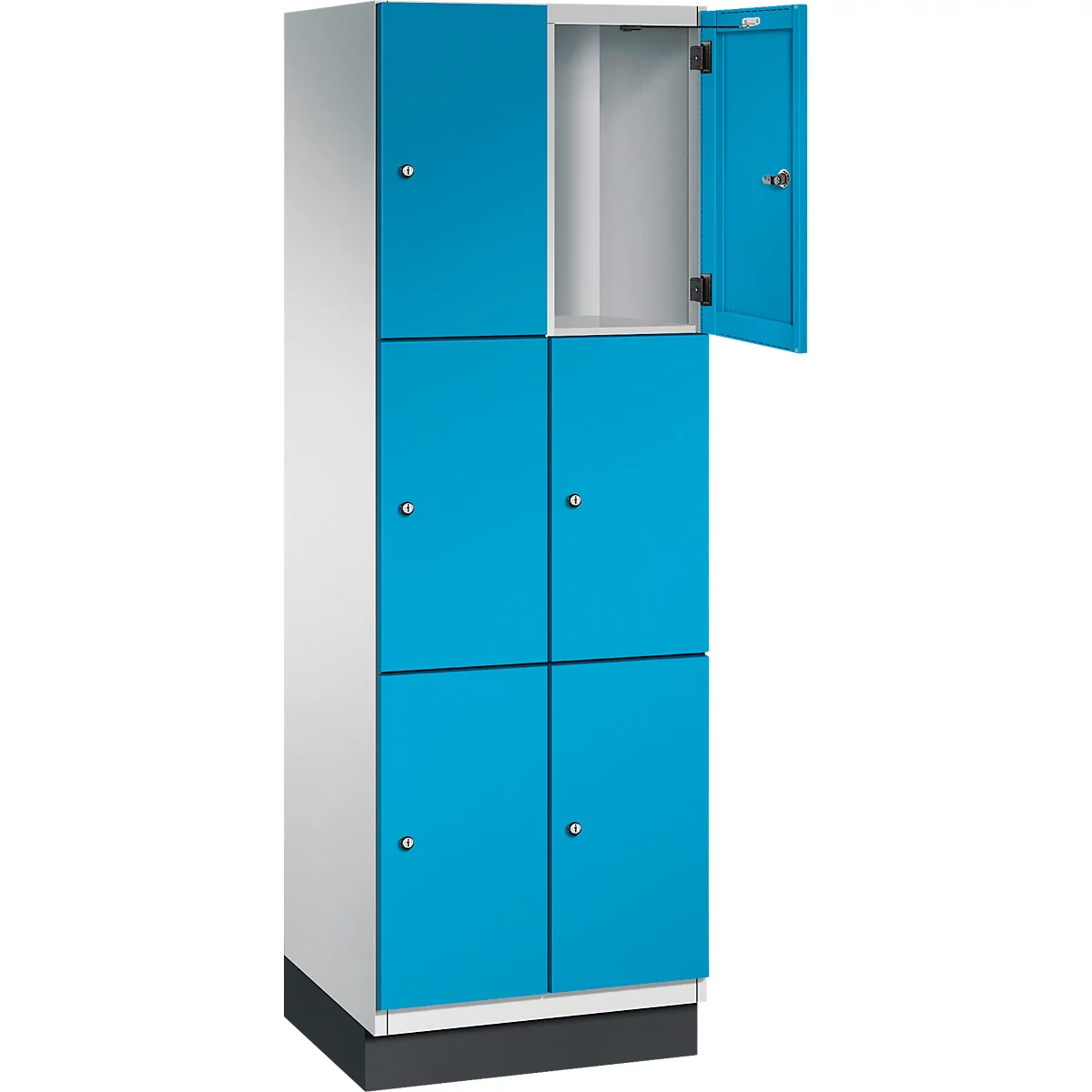 Blau-weißer Spind mit sechs Fächern, eine Tür geöffnet.