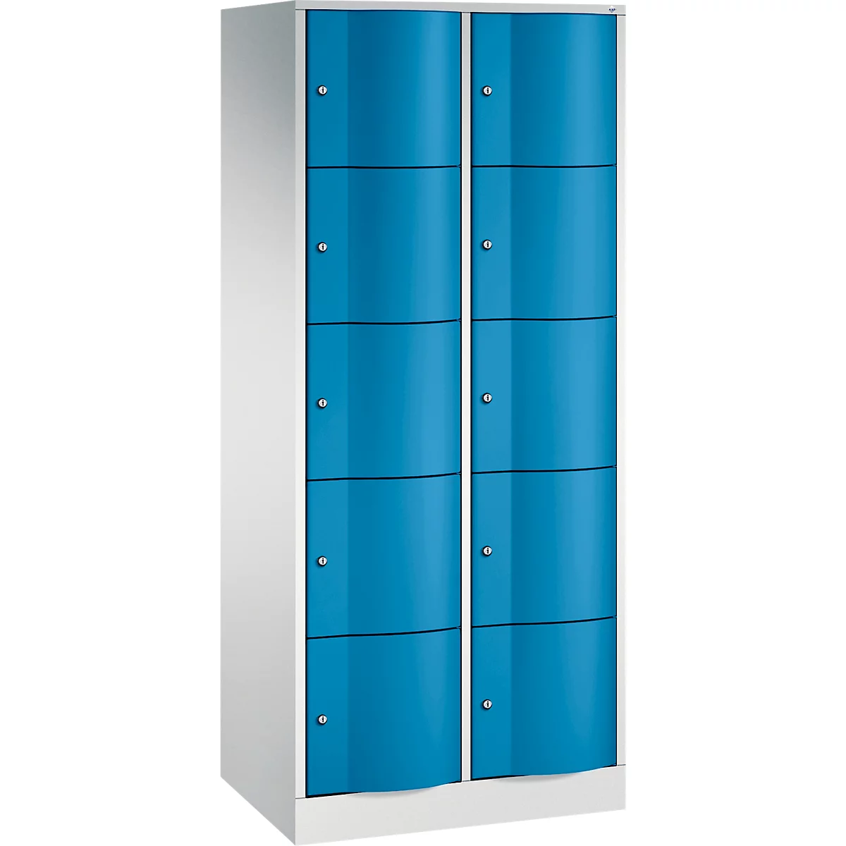 C+P Schließfachschrank Resisto, 2 Abteile, 10 Fächer, B 772 x T 540 x H 1950 mm, Lichtgrau/Rubinrot