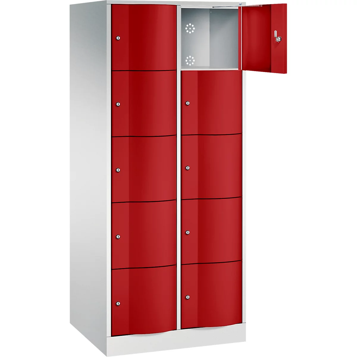 C+P Schließfachschrank Resisto, 2 Abteile, 10 Fächer, B 772 x T 640 x H 1950 mm, Lichtgrau/Rubinrot