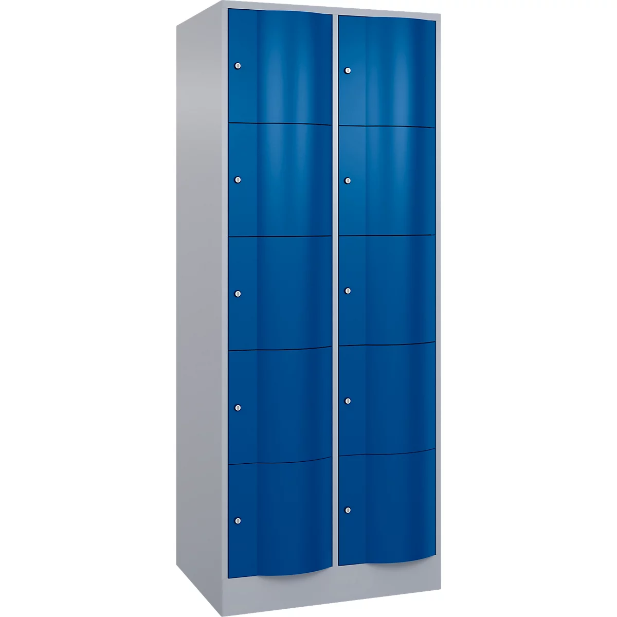C+P Schließfachschrank Resisto, 2 Abteile, 10 Fächer, B 772 x T 640 x H 1950 mm, Weißalu/Enzianblau