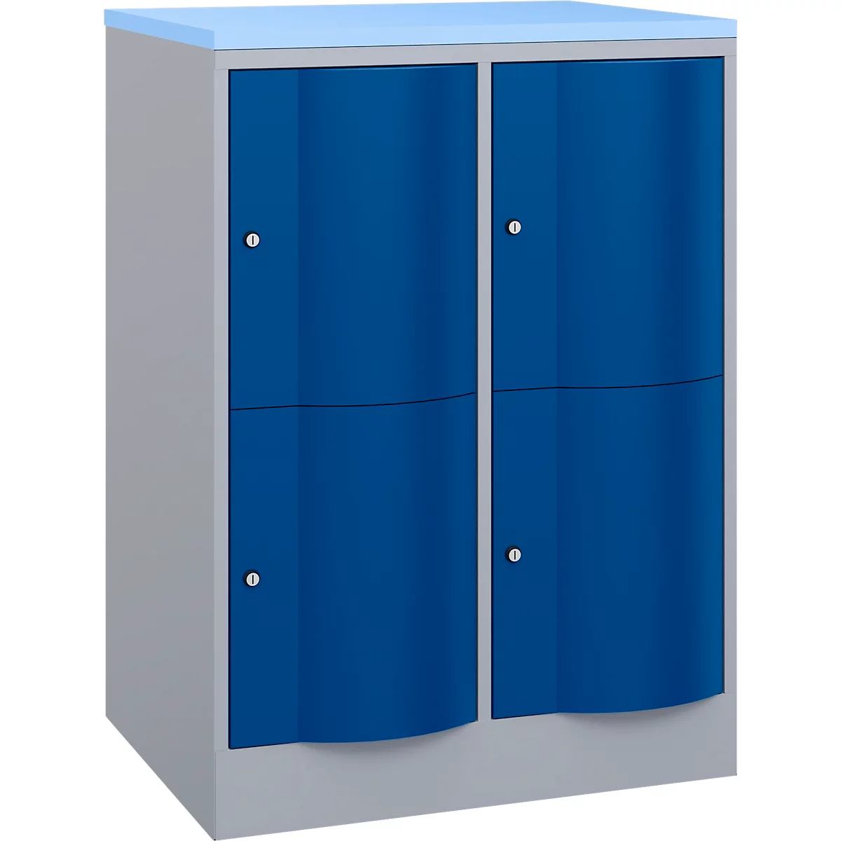 C+P Schließfachschrank Resisto, 2 Abteile, 4 Fächer, B 772 x T 640 x H 1077 mm, Weißalu/Enzianblau