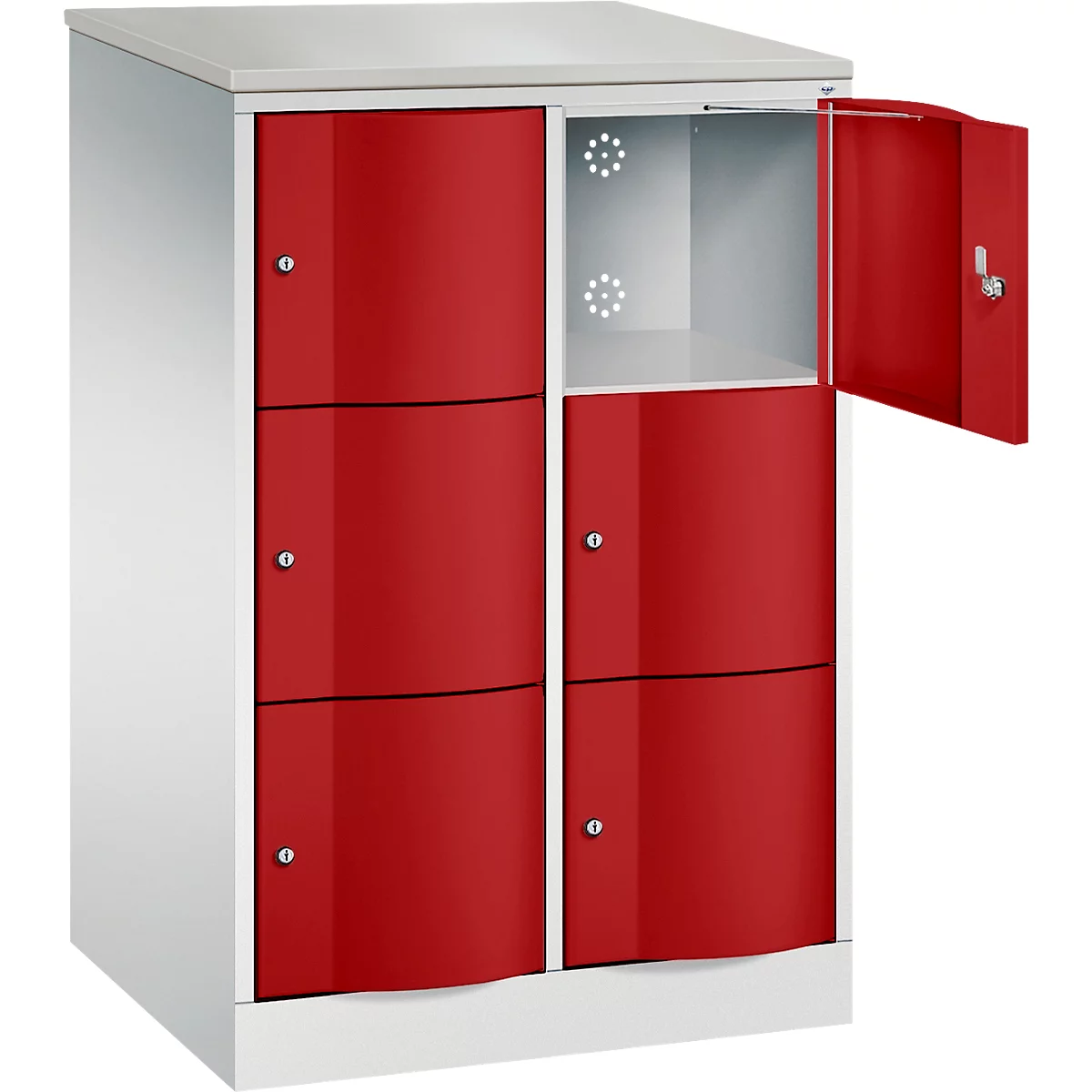 C+P Schließfachschrank Resisto, 2 Abteile, 6 Fächer, B 772 x T 640 x H 1255 mm, Lichtgrau/Rubinrot
