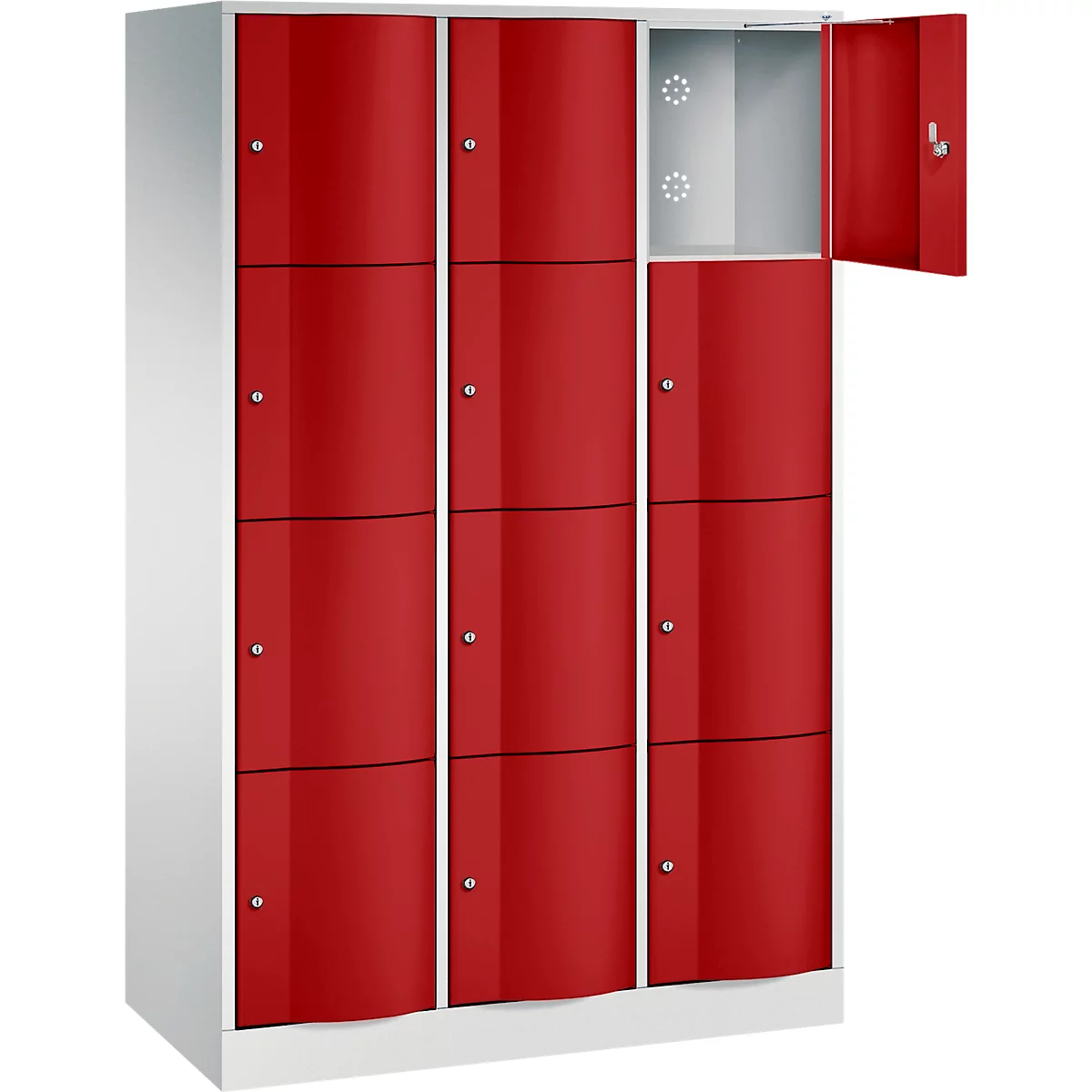C+P Schließfachschrank Resisto, 3 Abteile, 12 Fächer, B 1148 x T 540 x H 1950 mm, Lichtgrau/Lichtblau