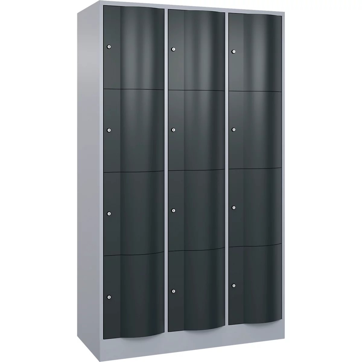 C+P Schließfachschrank Resisto, 3 Abteile, 12 Fächer, B 1148 x T 540 x H 1950 mm, Weißalu/Anthrazitgrau