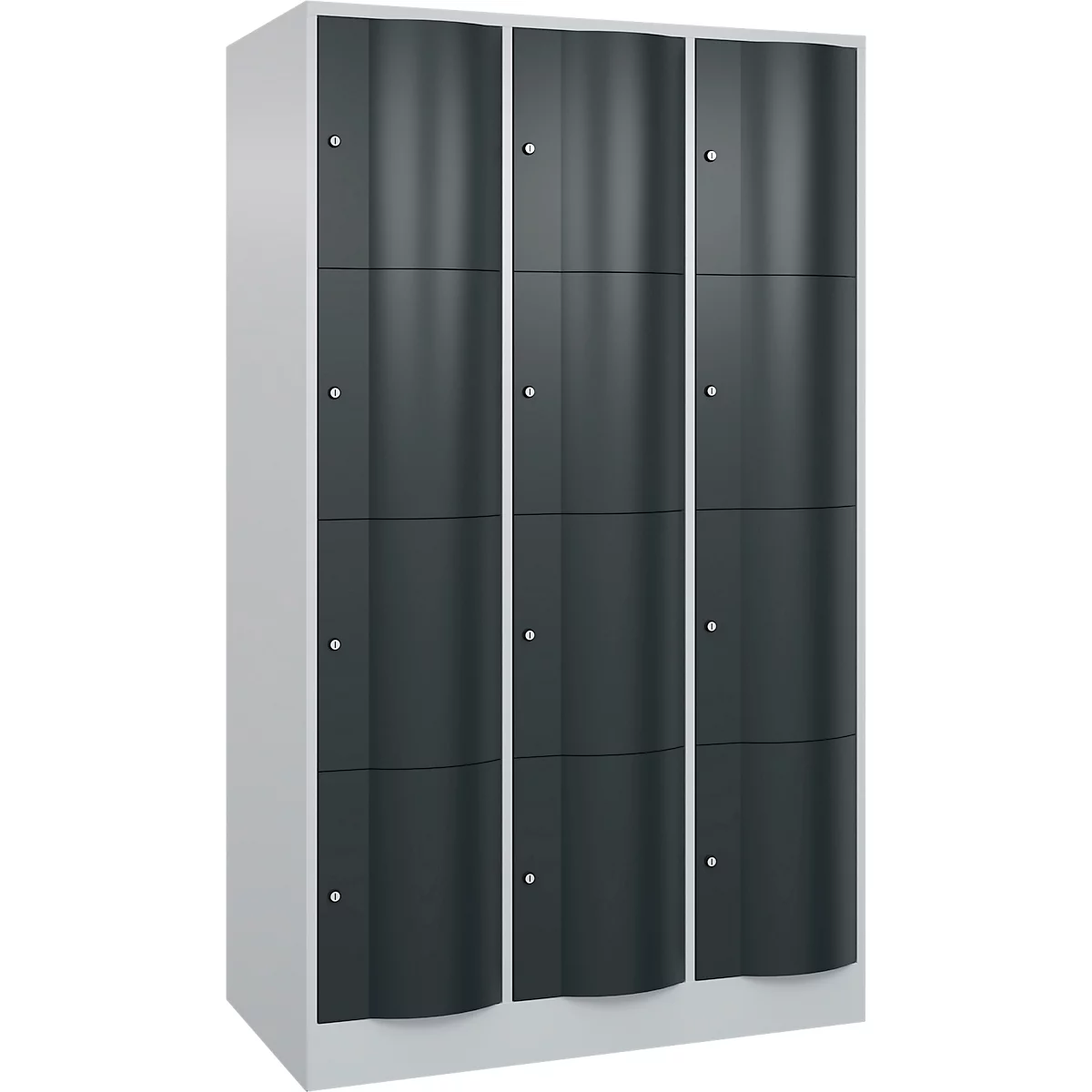 C+P Schließfachschrank Resisto, 3 Abteile, 12 Fächer, B 1148 x T 640 x H 1950 mm, Lichtgrau/Anthrazitgrau