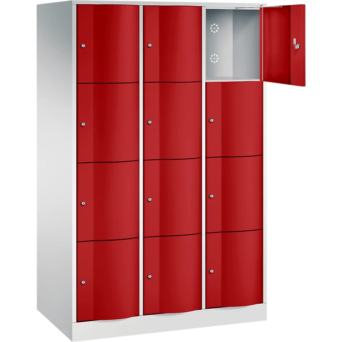 C+P Schließfachschrank Resisto, 3 Abteile, 12 Fächer, B 1148 x T 640 x H 1950 mm, Lichtgrau/Lichtblau