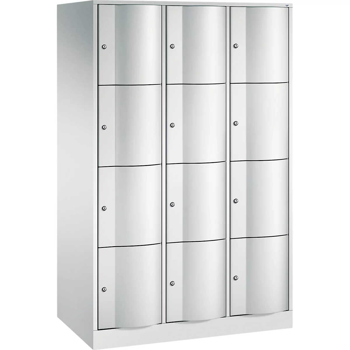 C+P Schließfachschrank Resisto, 3 Abteile, 12 Fächer, B 1148 x T 640 x H 1950 mm, Lichtgrau/Rubinrot