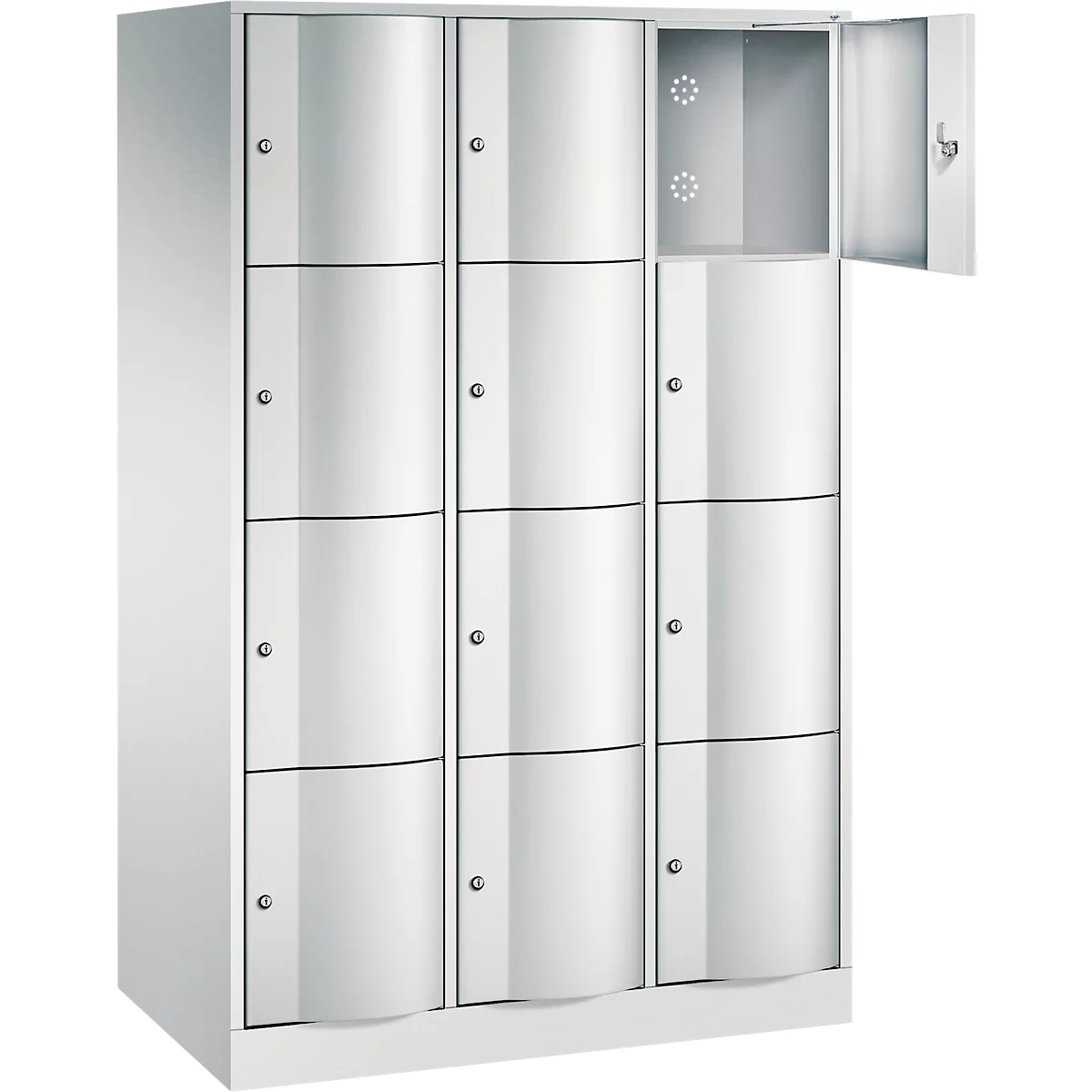 C+P Schließfachschrank Resisto, 3 Abteile, 12 Fächer, B 1148 x T 640 x H 1950 mm, Lichtgrau/Rubinrot